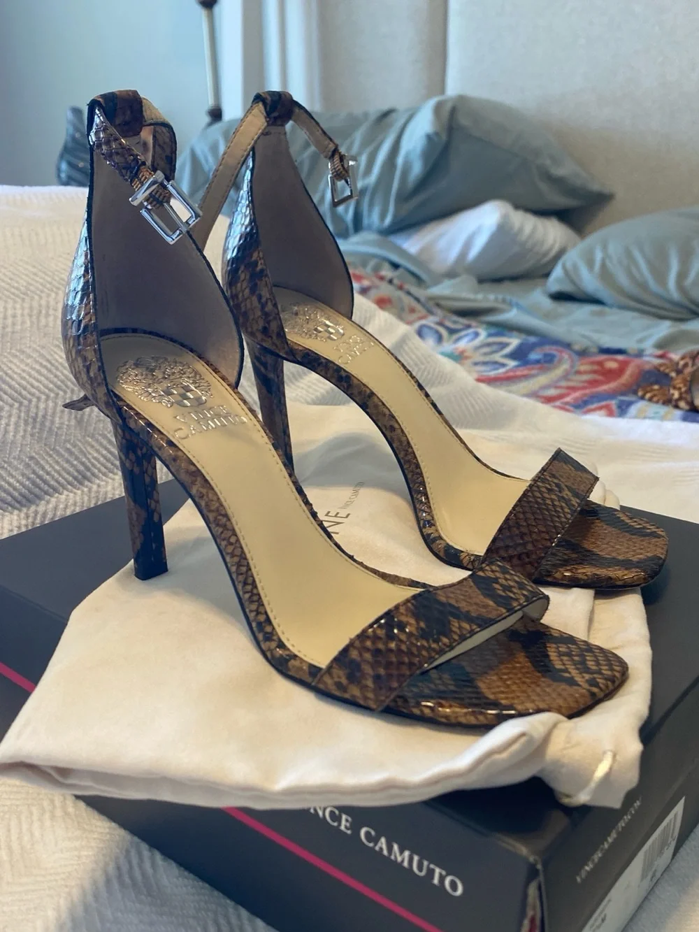 Vince Camuto Brown Snake-Print Ankle Strap Stiletto Sandals; 7.5M